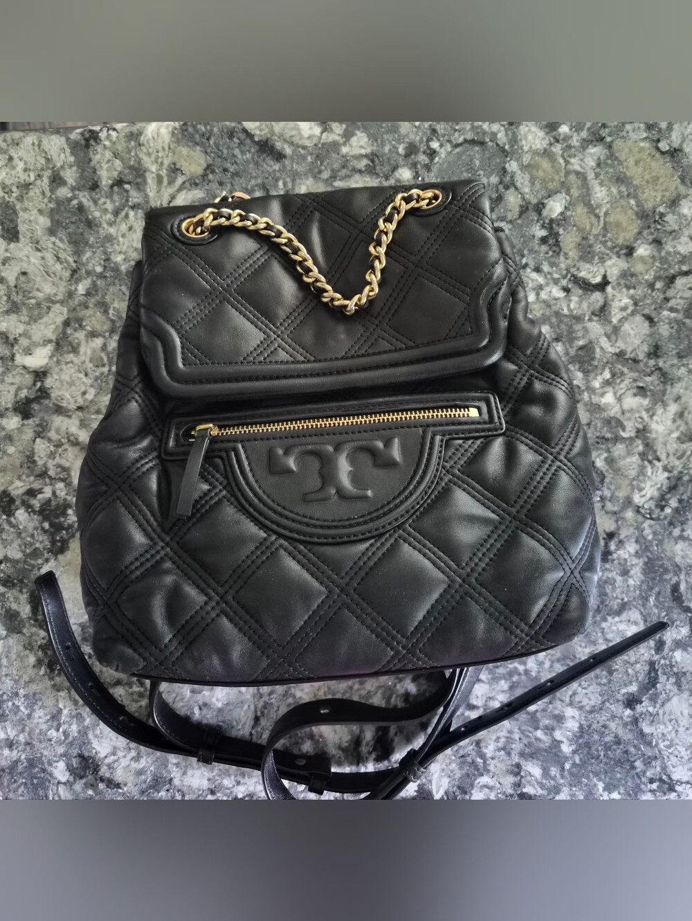 Tory Burch Black Quilted Lambskin Leather Backpack with Gold Chain